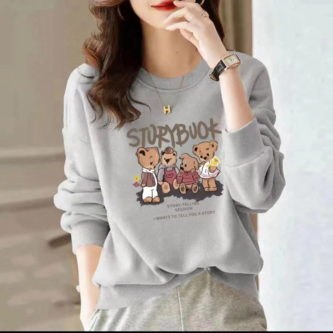 2025秋冬圆领长袖显瘦百搭棉质卫衣减龄女装宽松卫衣-四只小熊