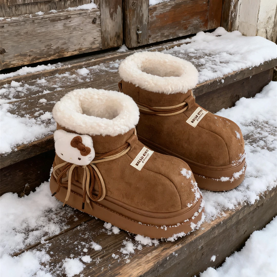 细细条 秋冬季可爱HelloKitty百搭东北棉靴保暖加绒厚底女雪地靴