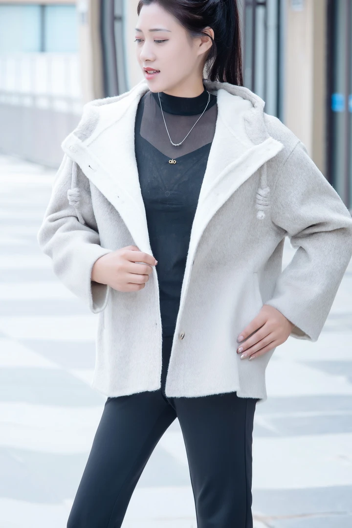 25款秋季上新羊毛大衣AB面双色中长女款加厚帽子款外套