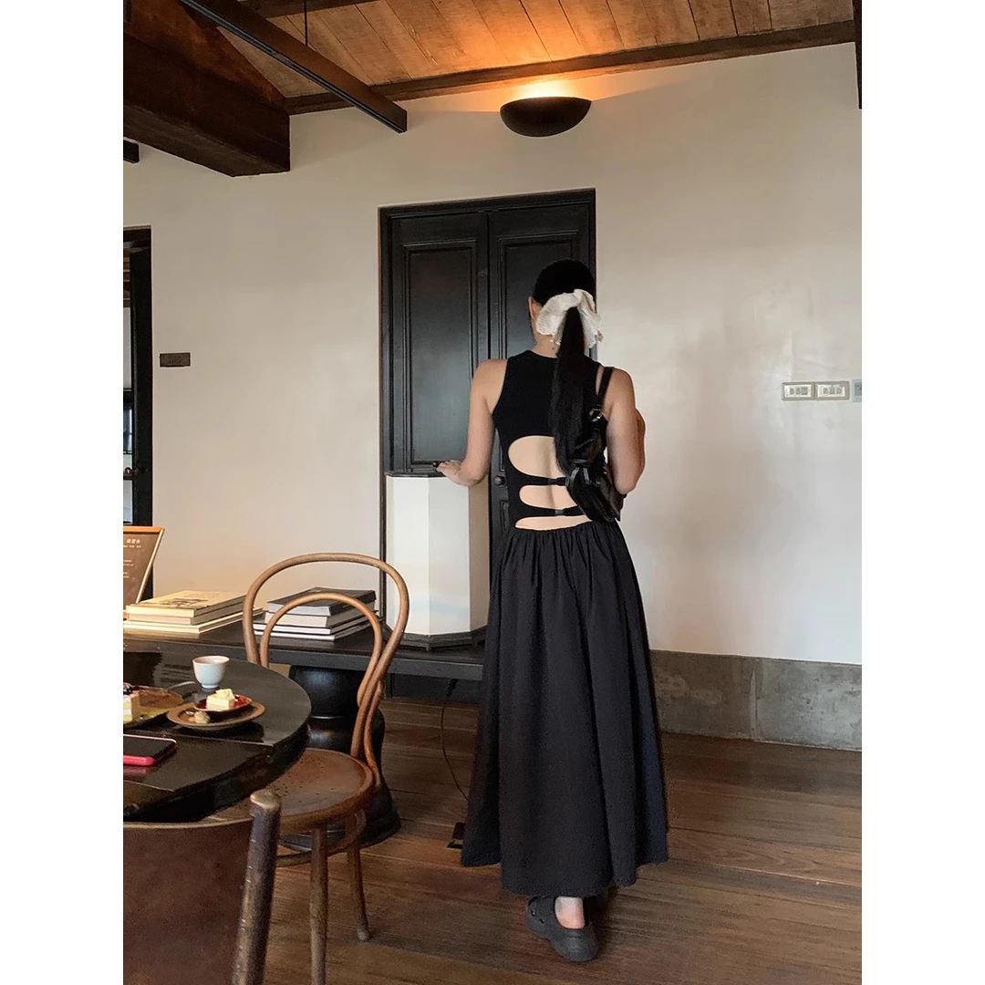 【粥粥清仓】夏法式气质设计感显瘦无袖露背细节连衣裙241A0690#