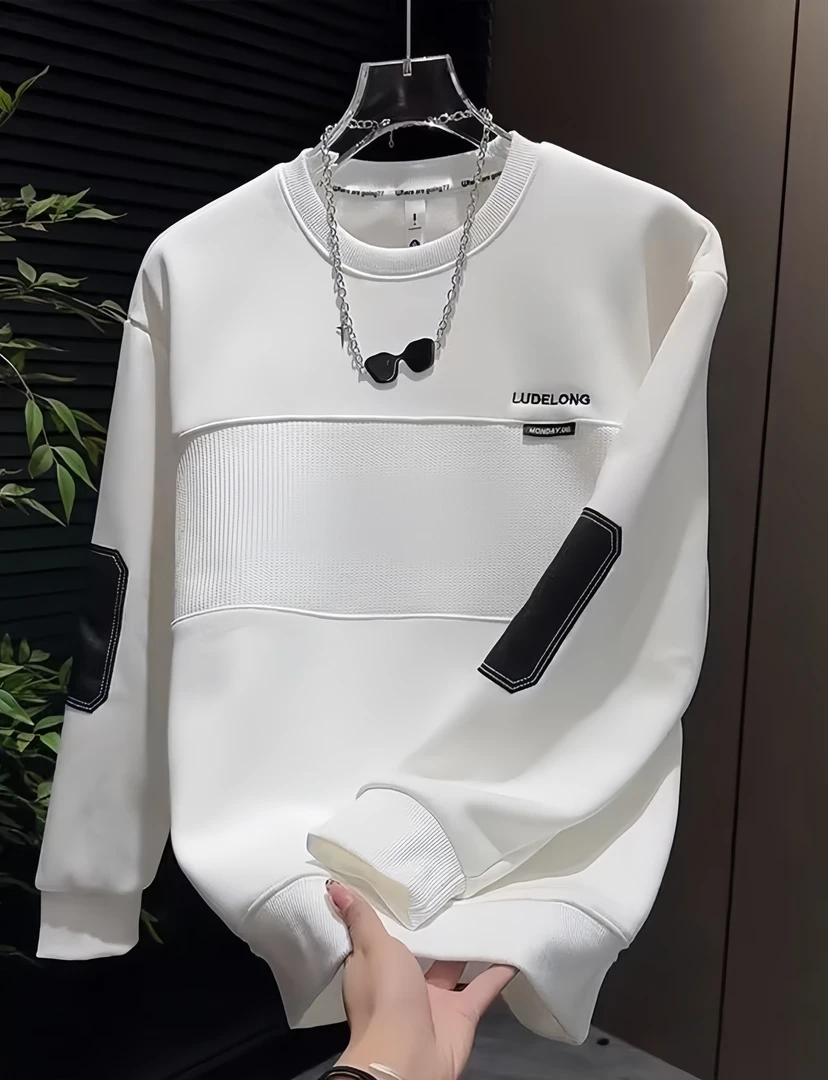 秋冬款休闲加绒拼接卫衣男士青年贴布撞色上衣外套宽松圆领打底衫