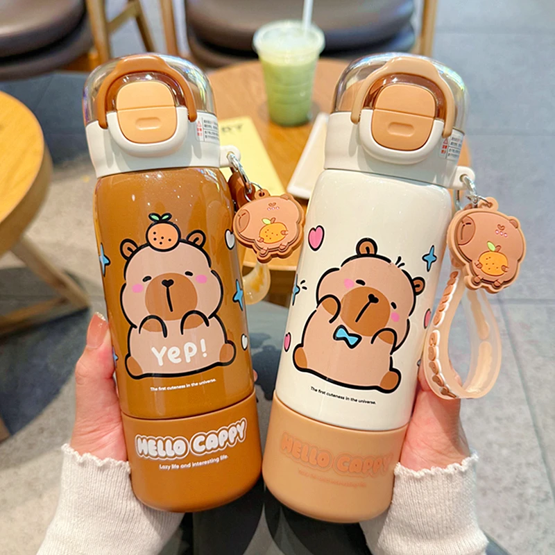 卡皮巴拉儿童双饮保温杯上学专用水杯男女孩小学生吸管杯直饮杯子