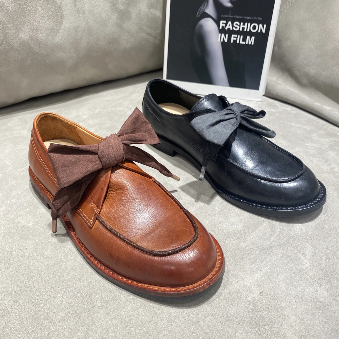 水洗复古手工鞋蝴蝶结乐福鞋真皮老钱风舒适百搭通勤小皮鞋女鞋