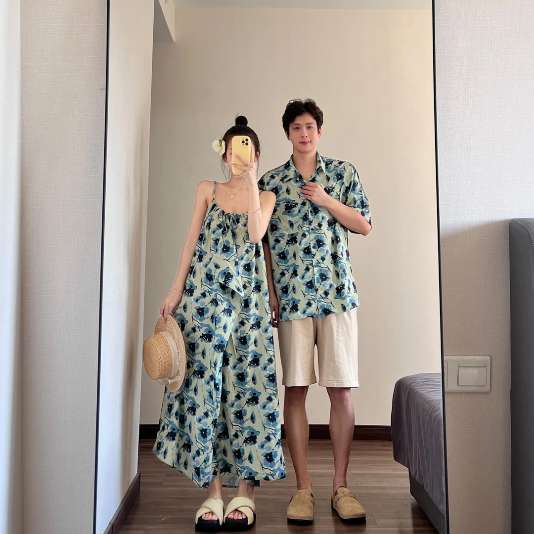 情侣装夏季度假风吊带裙印花甜美清新吊带连衣裙男衬衫一裙一衣