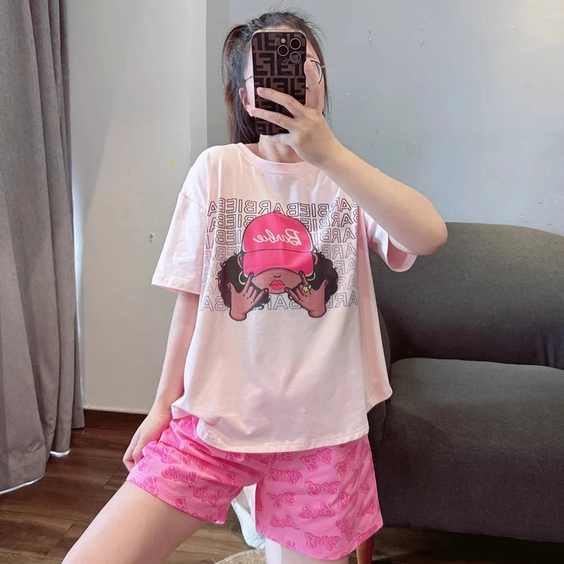 粉色嘻哈女孩睡衣女夏季新款莫代尔短袖短裤两件套ins韩版家居服