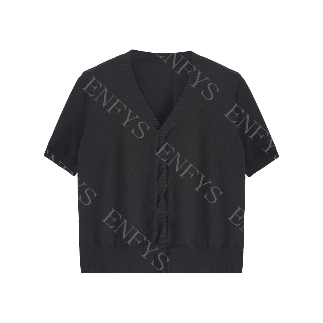 【双姐】夏款凉感纱线V领绞花显瘦针织衫女气质优雅短袖上衣25059