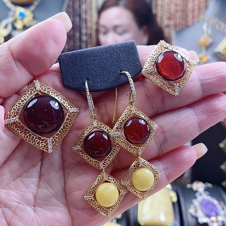 琥珀颈饰银S925镶嵌套装不含链