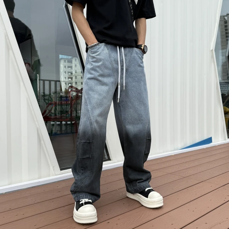 渐变做旧男士休闲裤潮流宽松直筒裤痞帅韩男男士做旧宽松水黑直筒