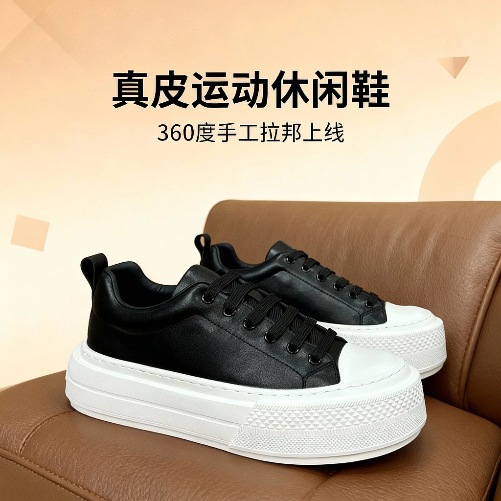 TAAIRXTO真皮小白鞋秋冬新款厚底增高板鞋透气黑色男款运动休闲风