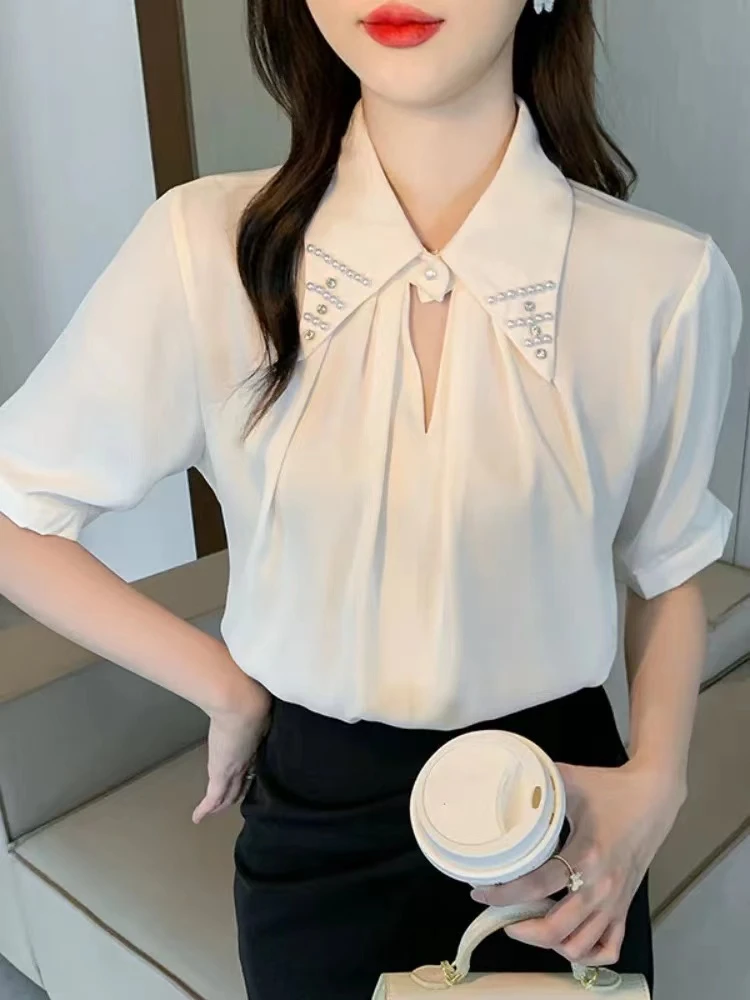 短袖钉珠夏季白色系带港风衬衫气质百搭衬衣国潮新风