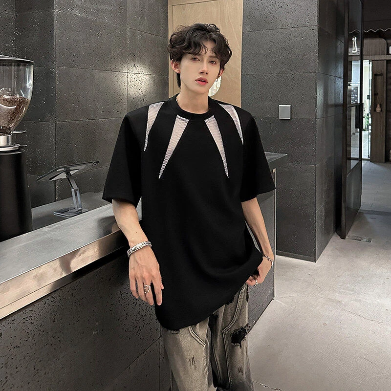 夏季重磅小众几何图形镂空垫肩短袖T恤男发型师痞帅韩版半袖t上衣