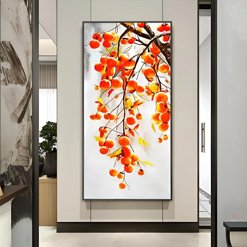新中式柿子壁画玄关走廊装饰画高档竖版挂画事事如意高档简约
