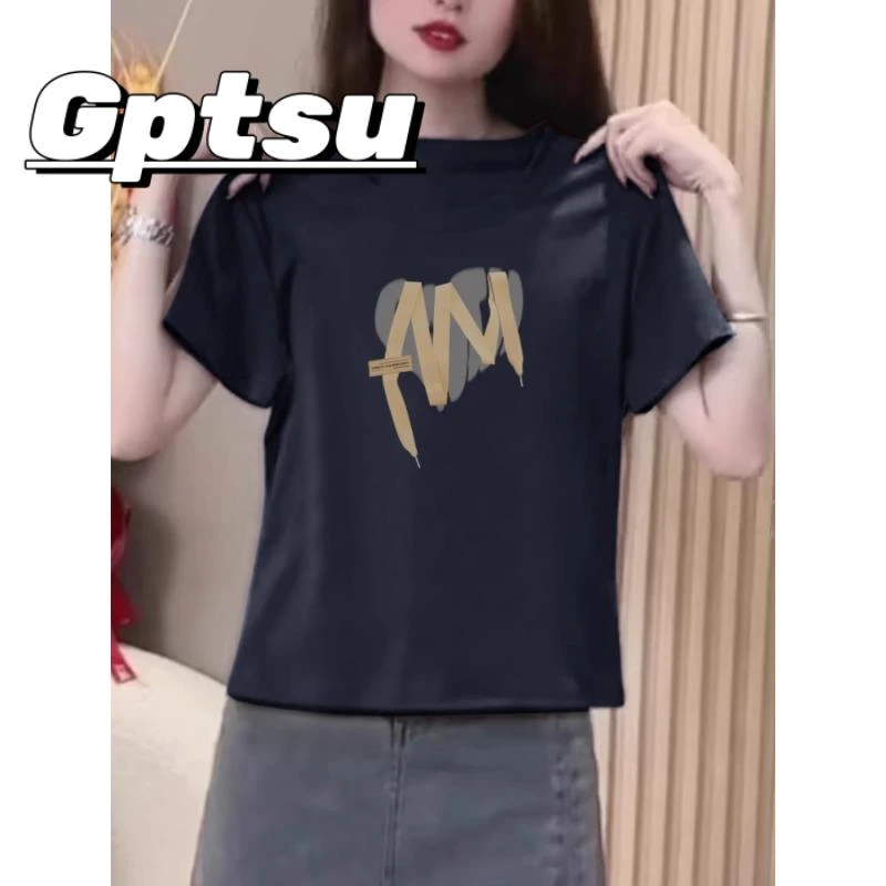 GPTSu黑色正肩短袖t恤女2025夏季新款直筒型欧货别致独特短款上衣