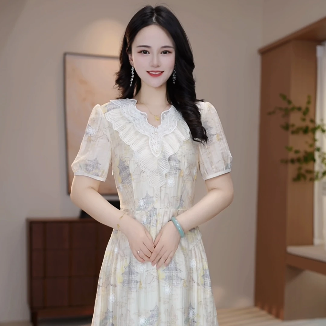 【XY-143】夏季短袖连衣裙优雅气质时尚减龄收腰显瘦