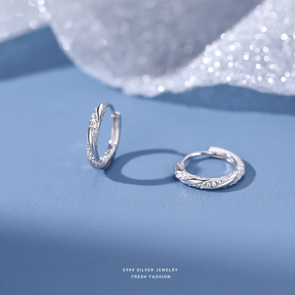 足银耳饰 999足银微镶锆石耳扣女简约螺旋缠绕纹理高级感气质耳环