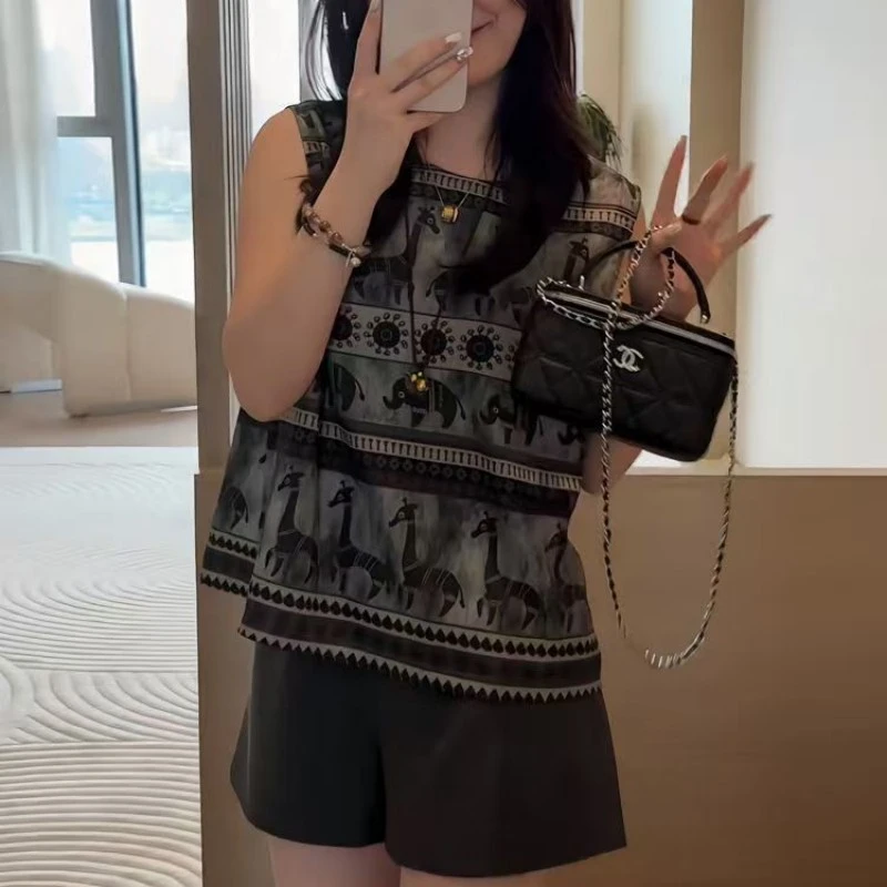 【运费补贴】设计感小众复古大象印花无袖韩系上衣女夏宽松漂亮小衫