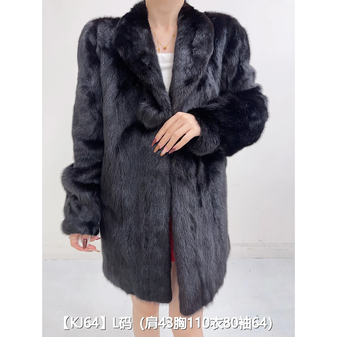 【KJ64】L 本黑色中长款全抽貂皮水貂大衣女 翻领泡泡袖 33064