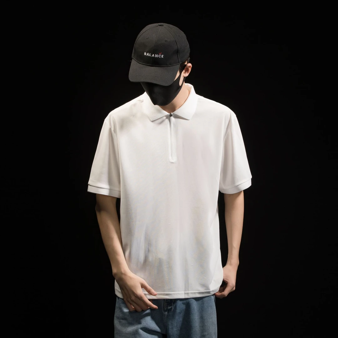 大码宽松半拉链立领男士设计感POLO衫上衣潮流跑步休闲夏季t恤ins