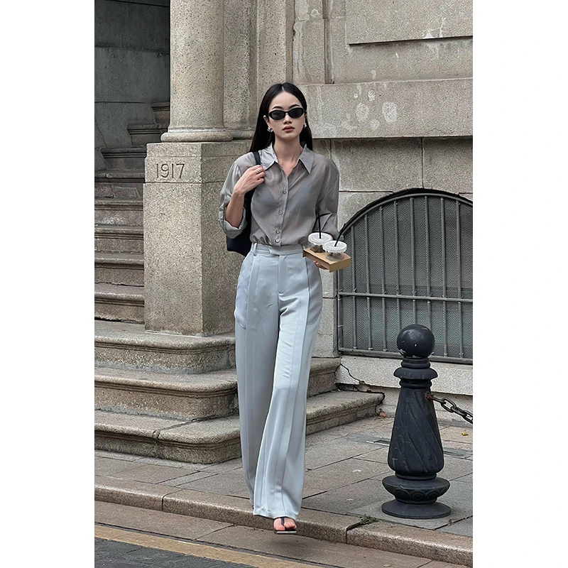 「VENUIE」【高段位】高级设计感高腰阔腿裤女直筒垂感西装长裤