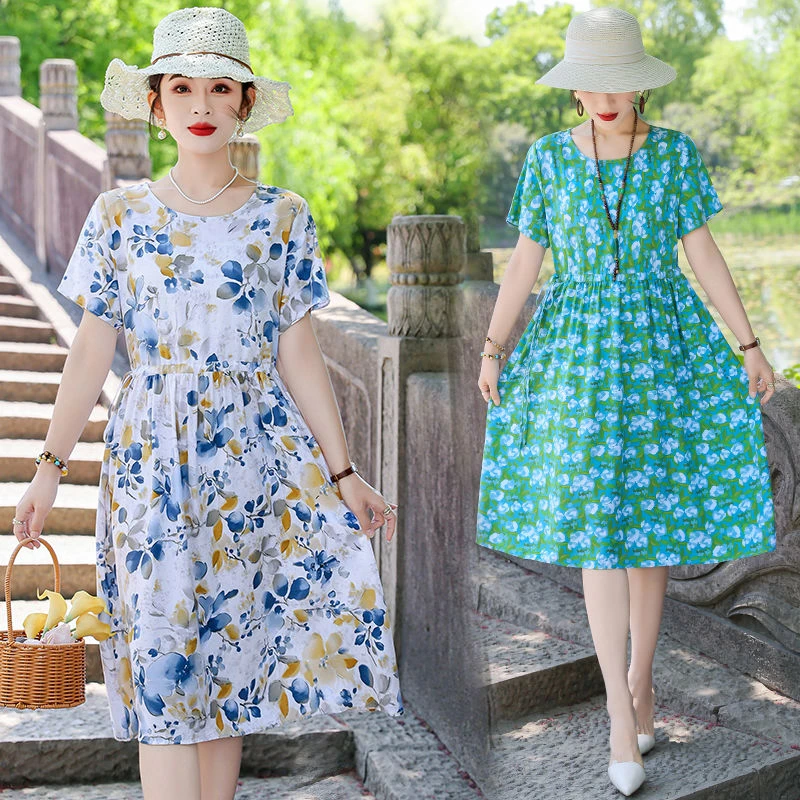 妈妈夏季新款棉绸连衣裙宽松显瘦气质中老年短袖遮肉大码碎花裙子
