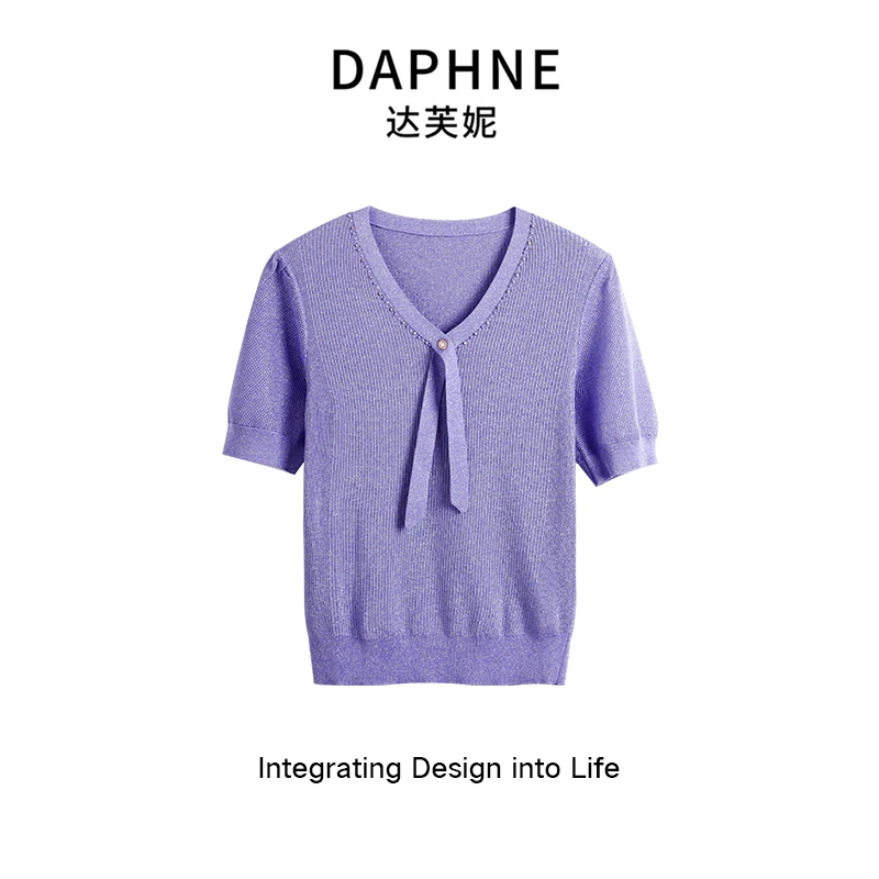 Daphne/达芙妮 夏季时尚设计感纯色飘带针织套头上衣1031
