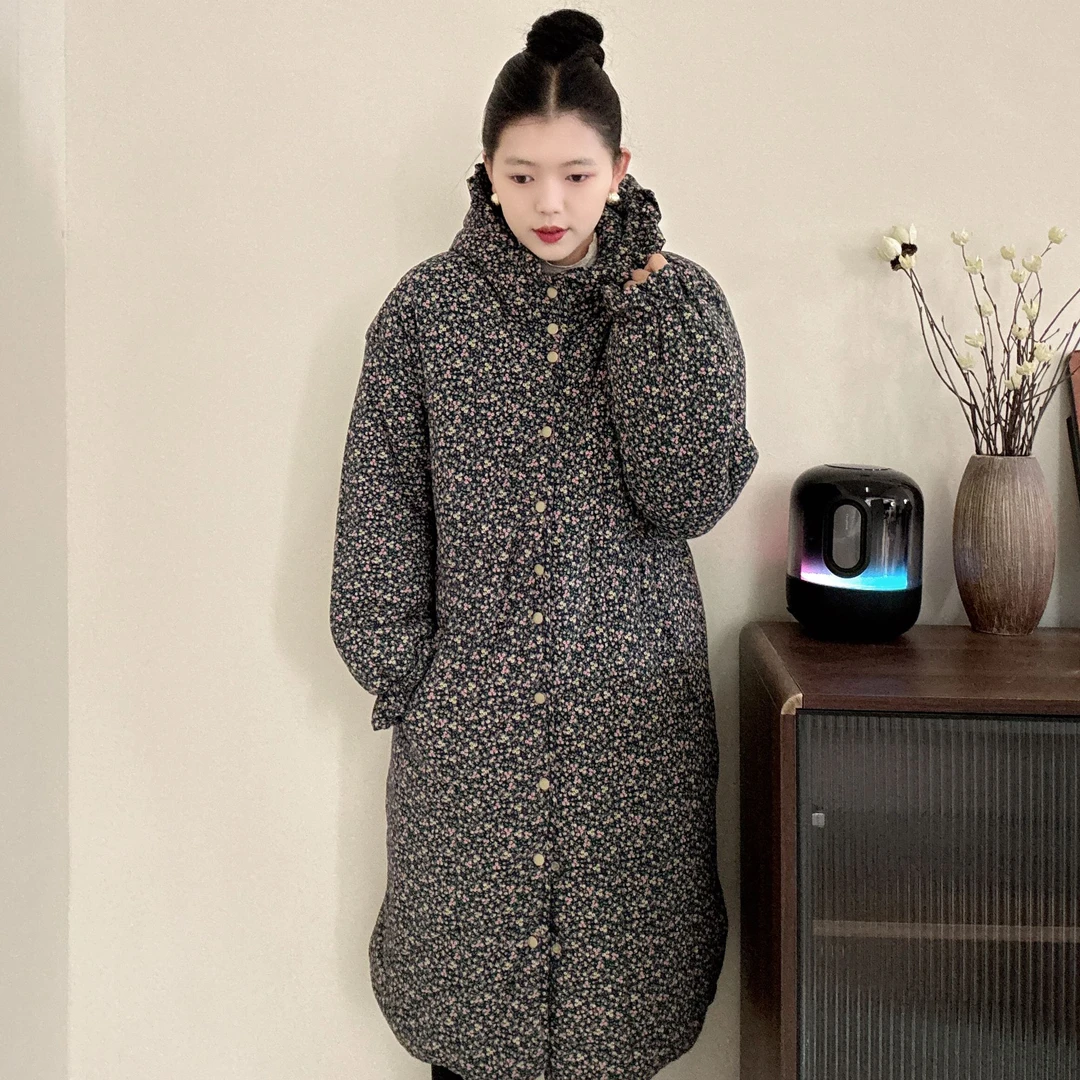 【设计师碎花】收腰花边帽大长款棉衣棉服新中式复古风保暖加厚宽松
