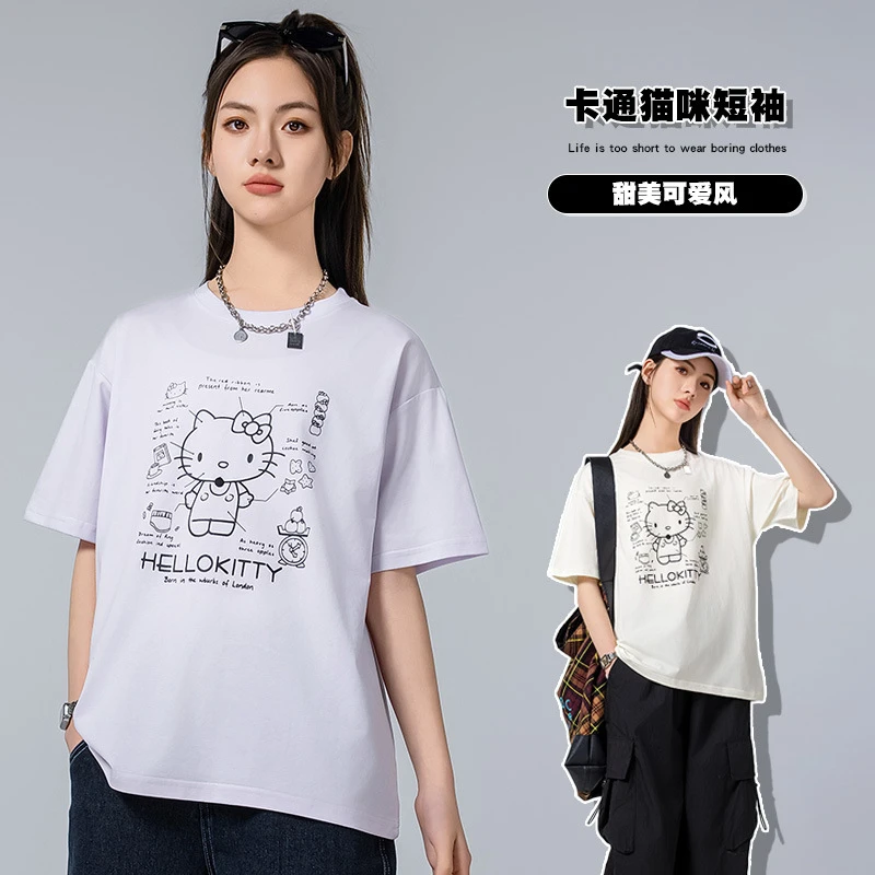 初中生卡通短袖2025夏季胖童女大童体恤猫咪印花休闲少女T恤宽松