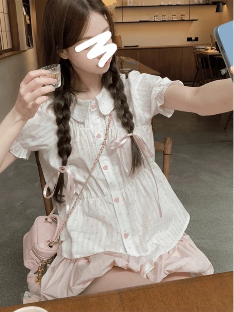 日系甜辣妹波点娃娃领短袖衬衫女夏季小个子显瘦别致