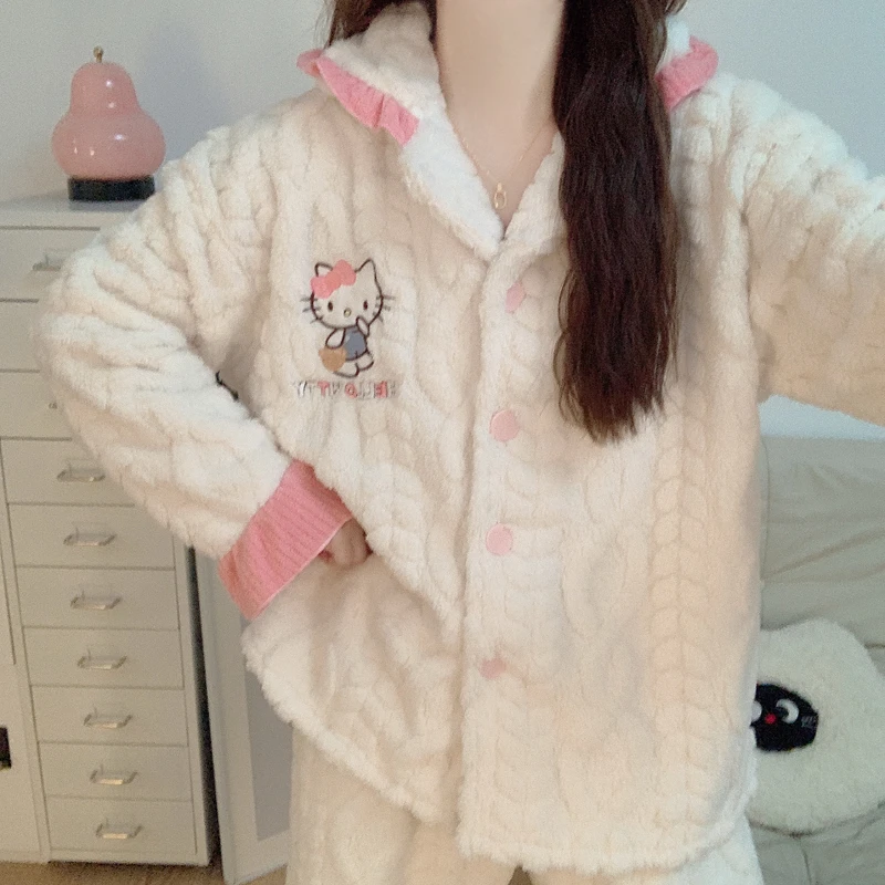 【加绒加厚】珊瑚绒睡衣女款秋冬季卡通粉KT猫法兰绒保暖家居服套装