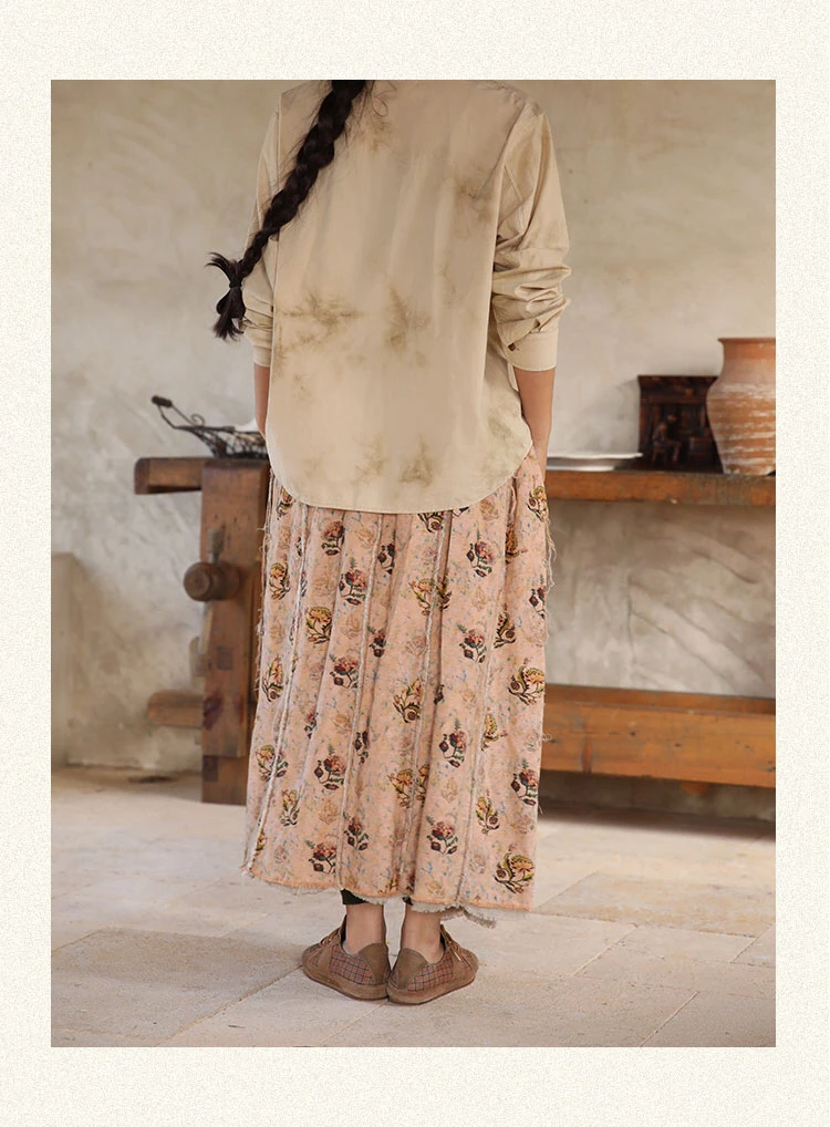 云雾里 原创设计5010复古文艺松弛感随性大气浪漫棉麻双层半裙