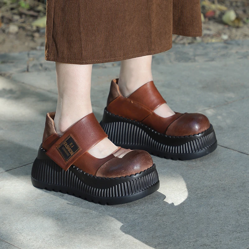 谜丫蜜原创火烧牛皮厚底鞋女2025年春夏新款真皮一字带四季单鞋子