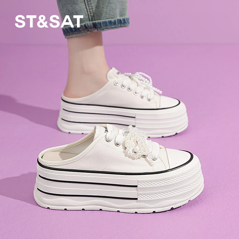 星期六厚底帆布鞋女夏季包头踩脚板鞋2025新款半托一脚蹬休闲女鞋