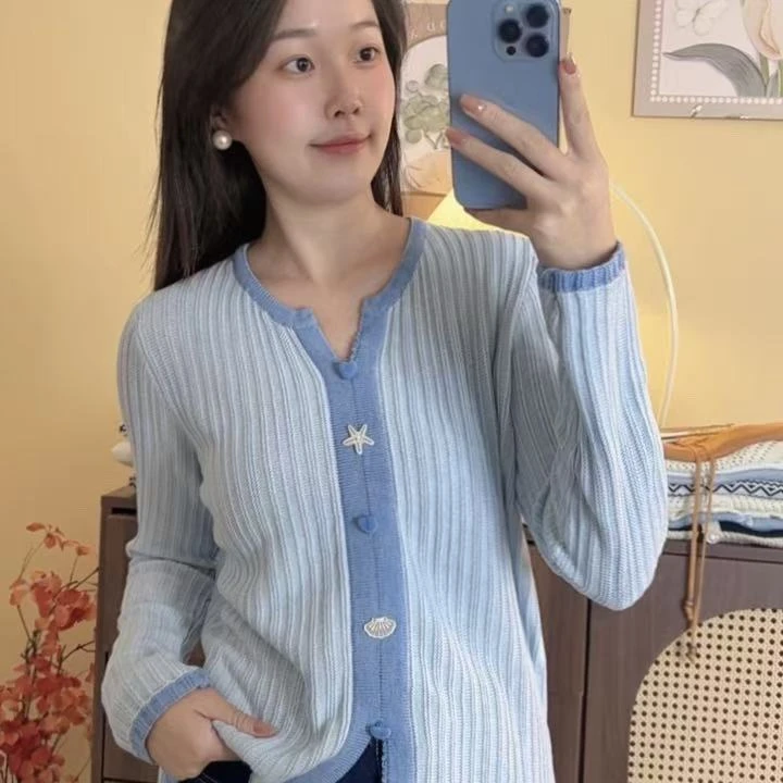 【蓝海之谜】剪刀领套头针织上衣早秋新款毛衣冬季保暖打底Y0097蓝