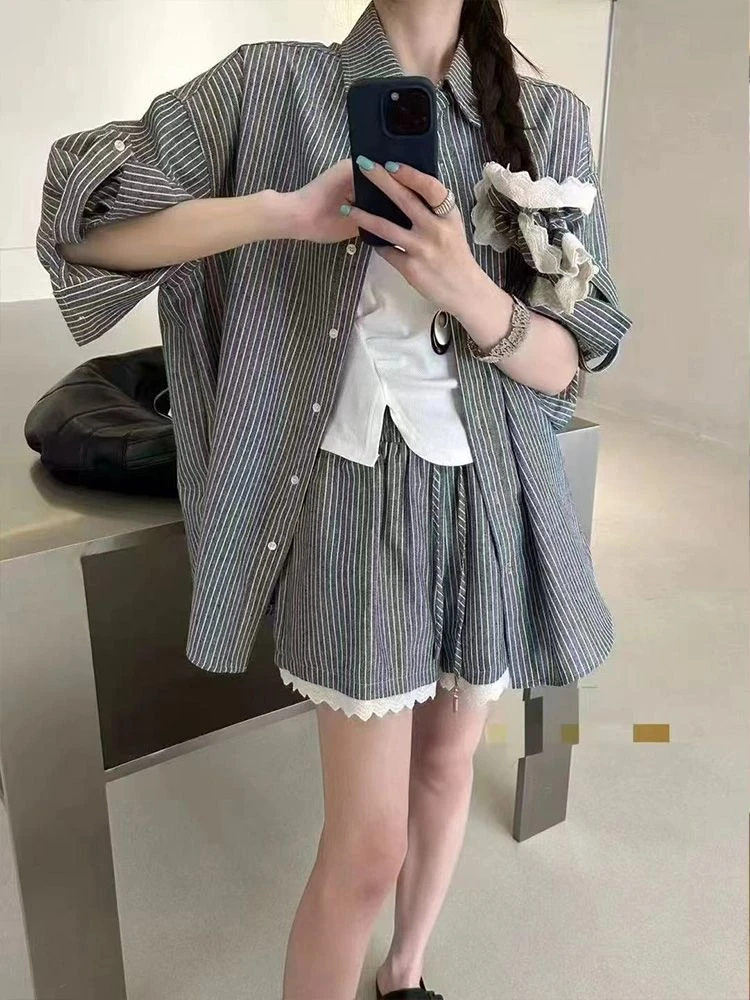 特大码休闲穿搭套装新款小众设计条纹衬衫花边短裤两件套夏季女装