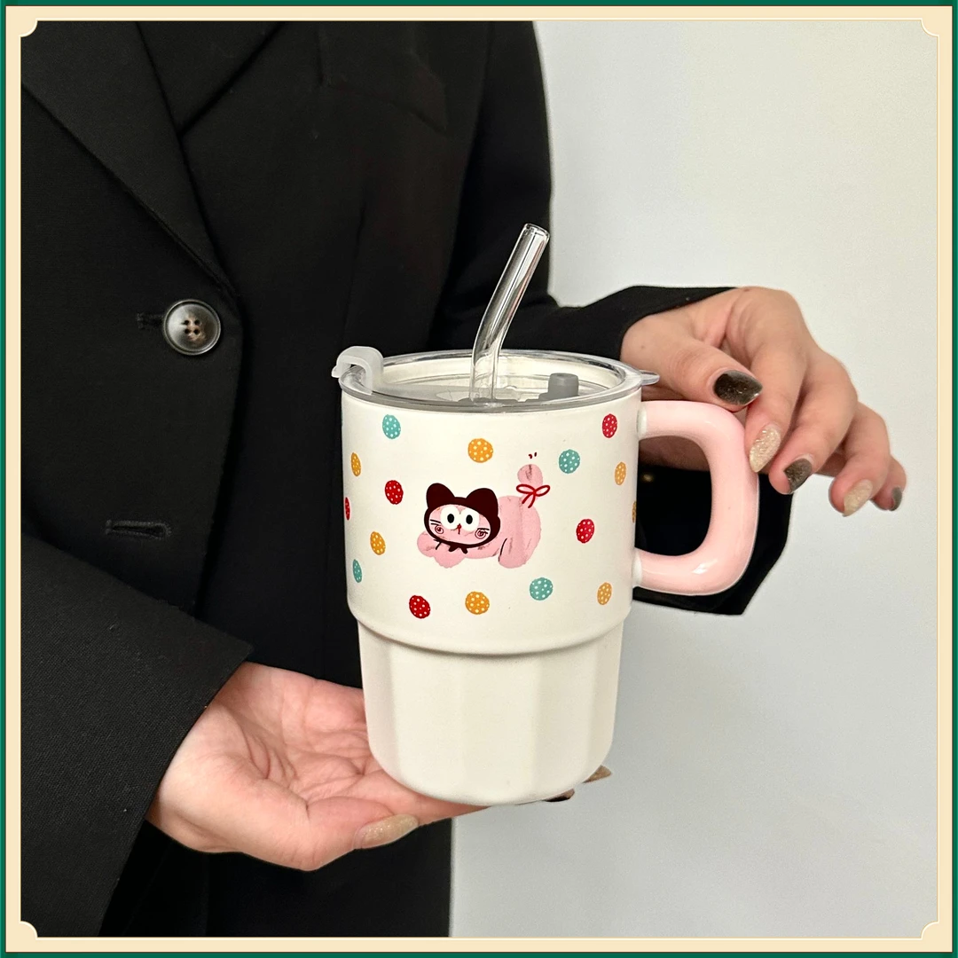 生日礼物高颜值陶瓷水杯QYLP带盖马克杯卡通情侣吸管杯早餐【岩红】