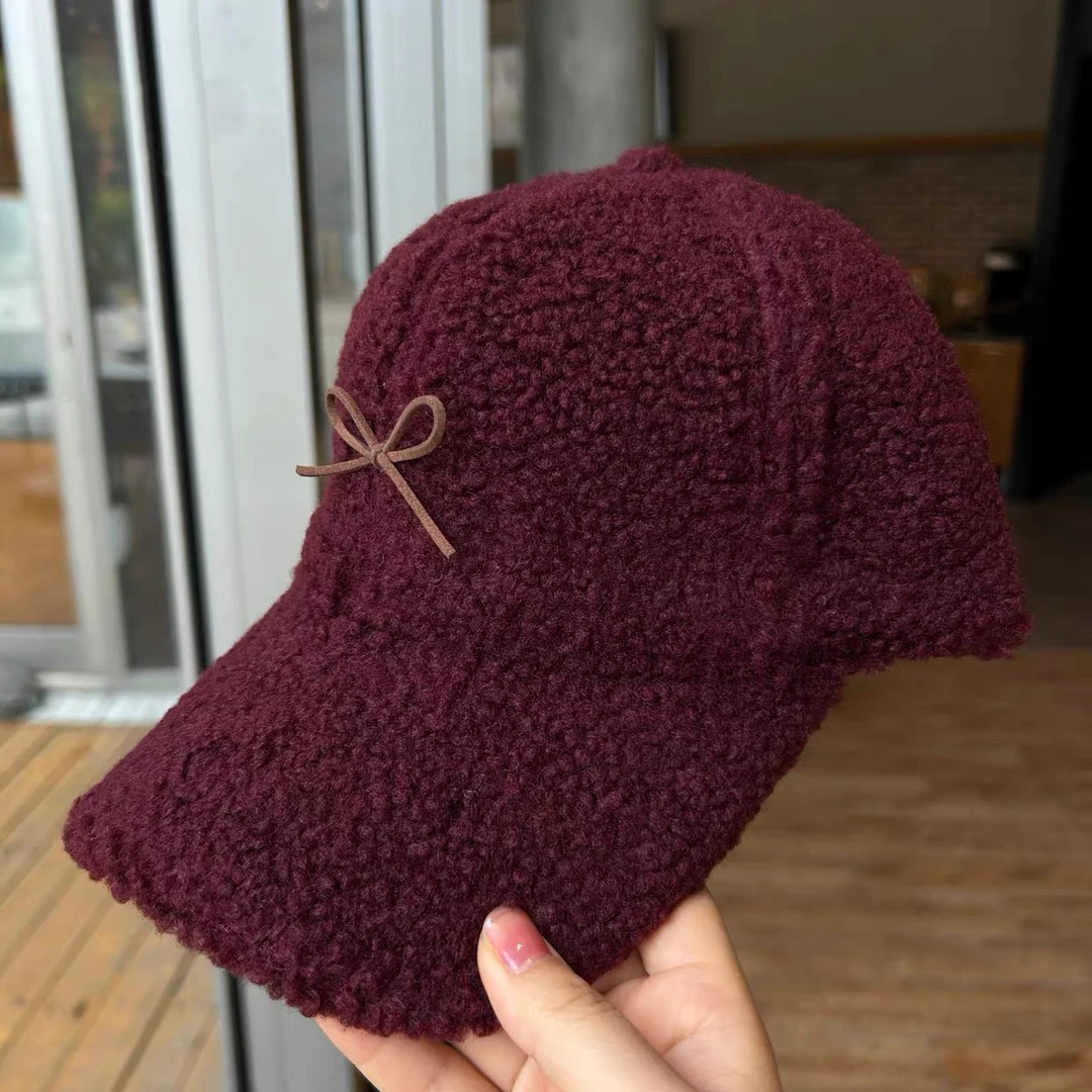 新款可爱蝴蝶结显瘦硬顶有型棒球帽子女秋冬保暖羊羔毛鸭舌帽