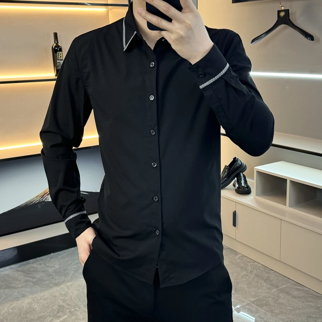 25004秋季新款商务休闲修身男士长袖百搭纯色时尚帅气的翻领衬衫