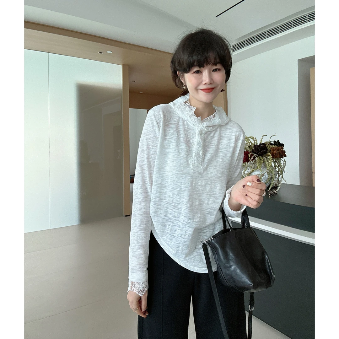 韩版纯色蕾丝花边拼接连帽长袖T恤