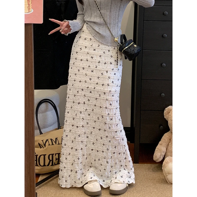 木耳边蝴蝶结印花蕾丝碎花半身裙子大码胖MM新款显瘦宽松版长裙