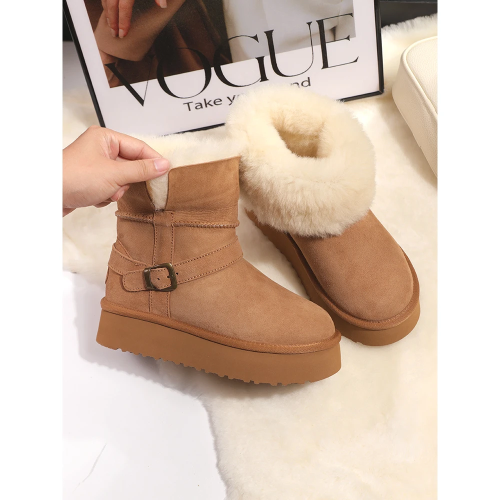 【羊皮毛一体】冬季新款皮带扣骑士靴厚底中筒雪地靴增高保暖棉鞋