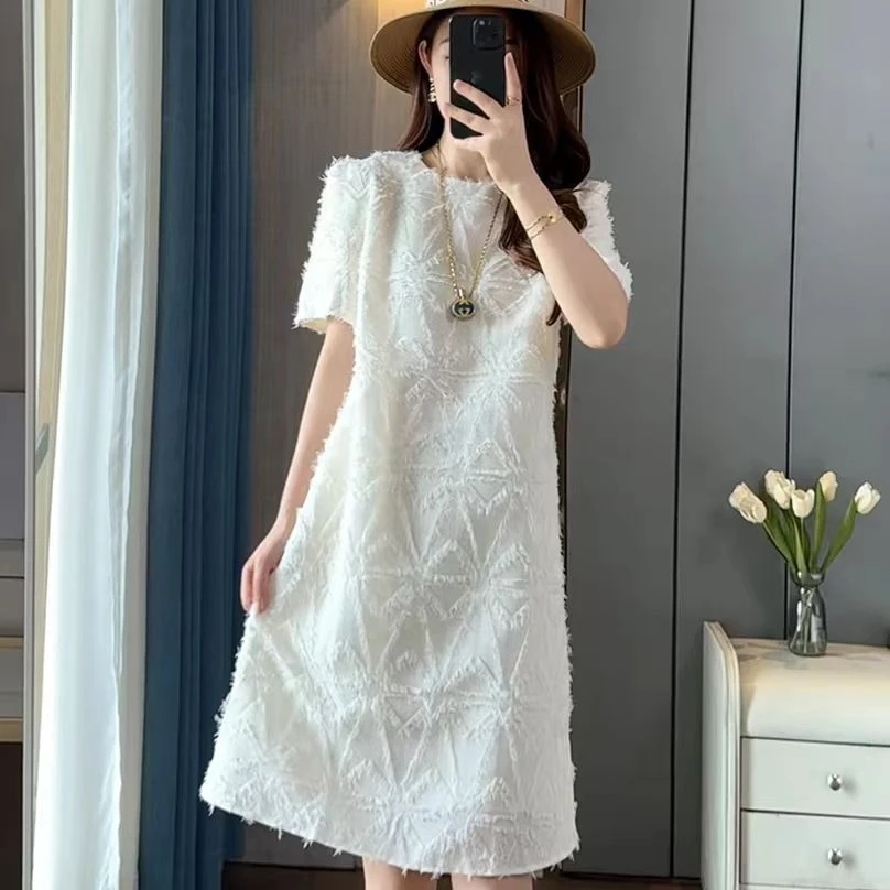 2025年夏季小个子气质连衣裙拼接A字裙遮肚宽松显瘦设计感中长裙