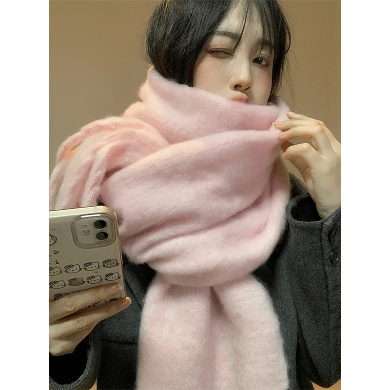 韩系粉色仿羊绒围巾女冬季百搭高级感马海毛加厚保暖纯色围脖披肩