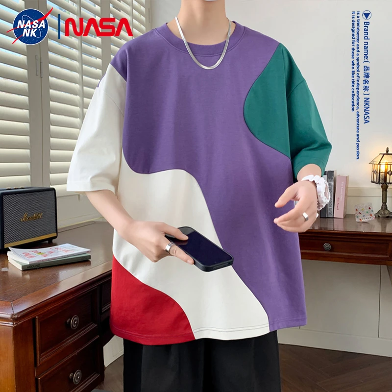 NASA联名拼接夏季冰丝薄款男士t恤短袖拼色宽松学生多巴胺五分袖