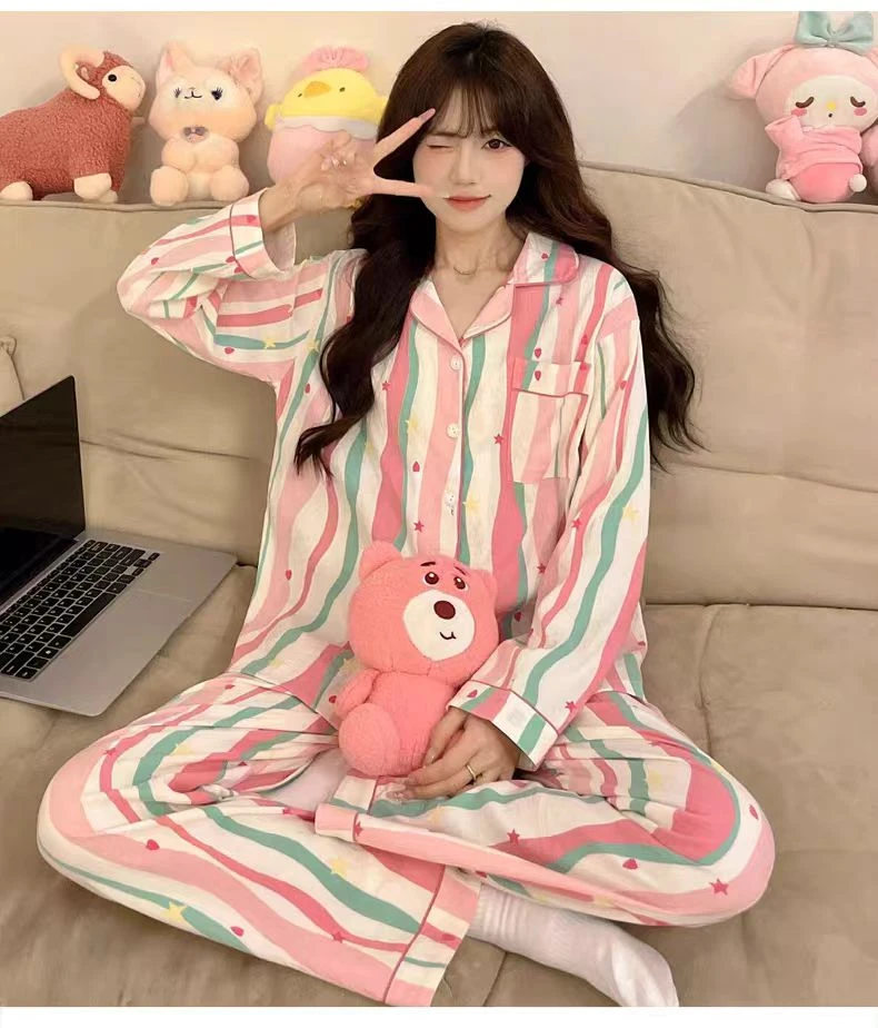 339 条纹多巴胺女士翻领长袖长裤春秋休闲舒适甜美透气睡衣家居服