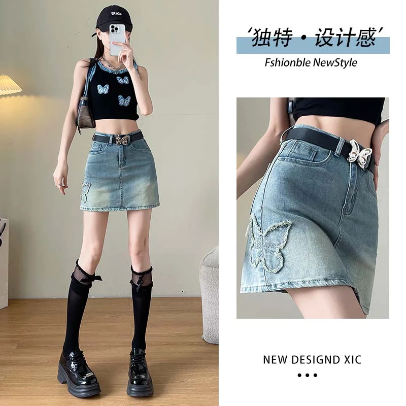 刺绣牛仔半身短裙女2025夏季薄款a字蝴蝶绣花包臀紧身防走光裙子