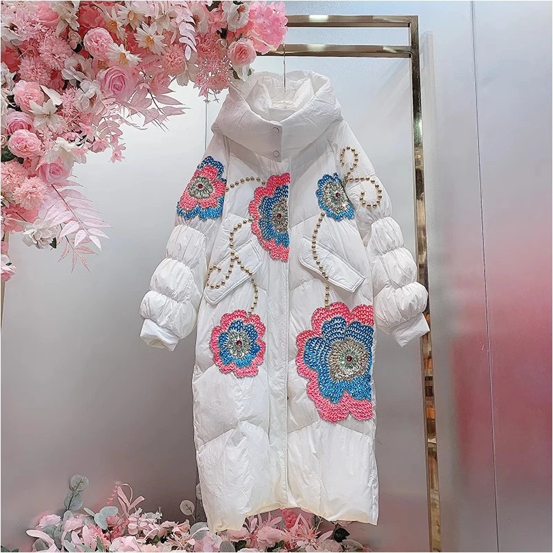 A721欧美设计师2025早春新款重工钉钻刺绣亮片花朵连帽羽绒外套女