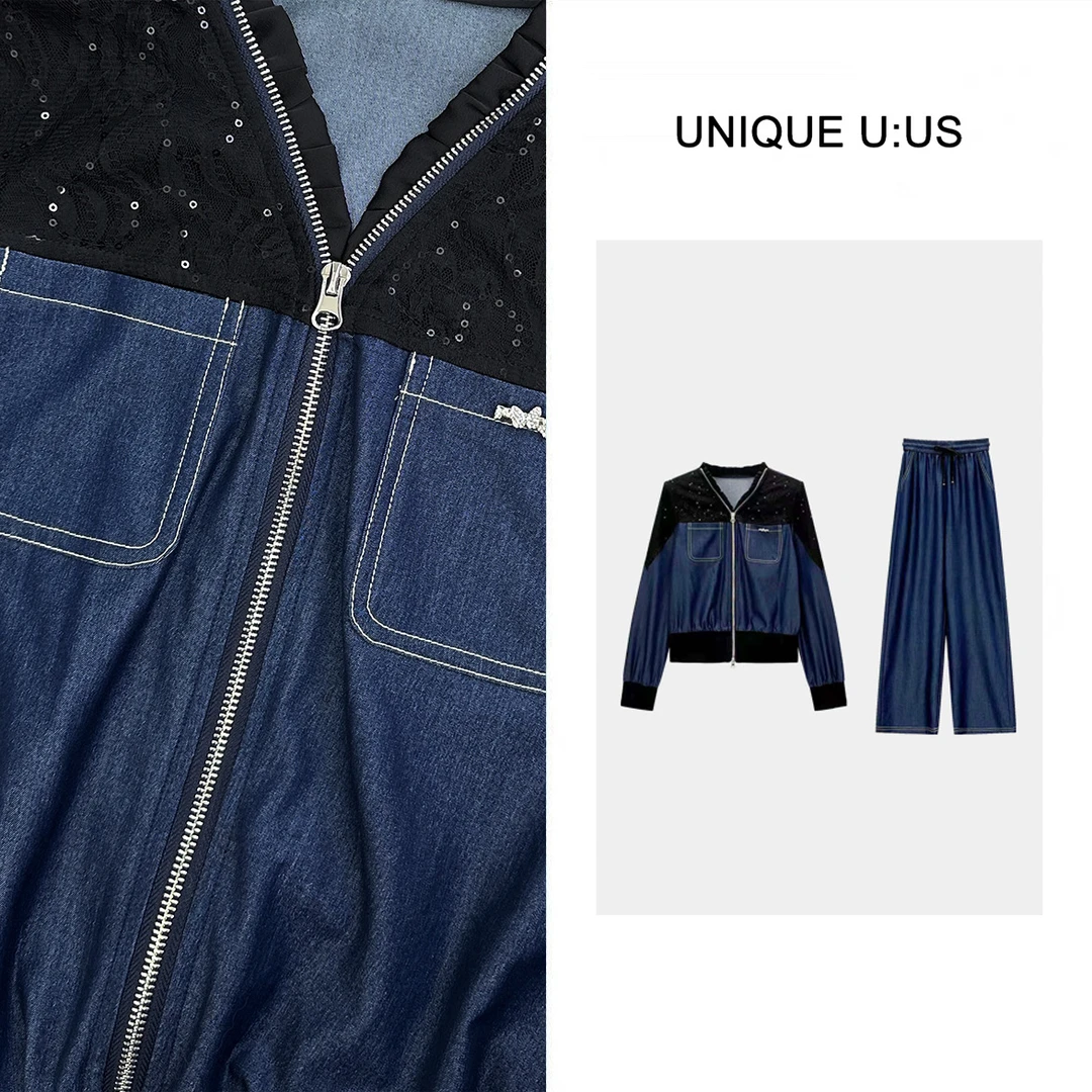 UNIQUE U:US【克拉恋人】法式简约拼色软牛仔上衣裤子套装-250128曼