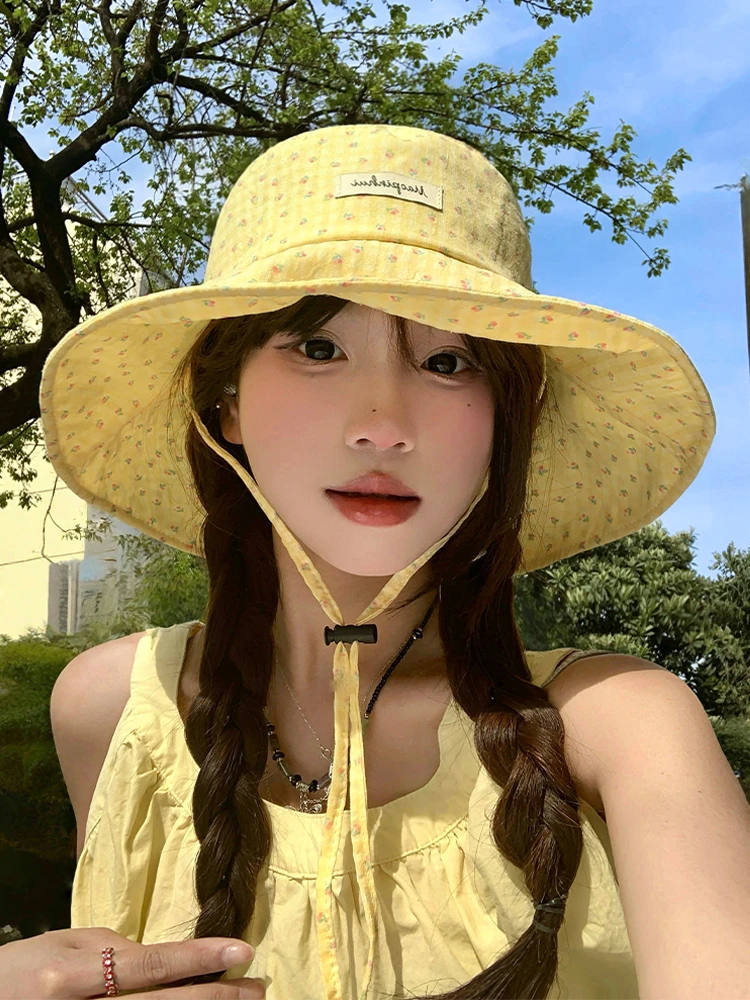 MiniTree·韩系碎花格甜美夏季遮阳渔夫帽防紫外线大头围帽子
