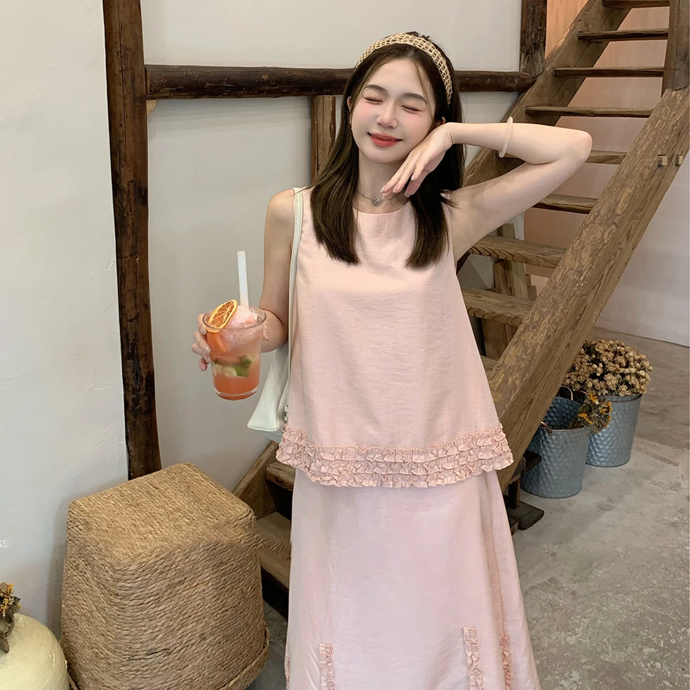 【可露丽甜心】夏季新款花边拼接套装气质显瘦洋气背心半裙两件套女