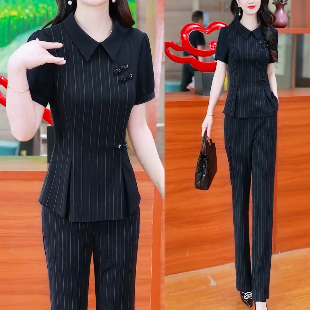 2026夏季新款气质显瘦国风盘扣条纹短袖上衣微喇叭裤休闲两件套装